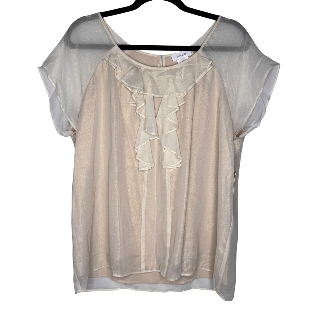 NWT Kate Hill Off White Gold Silk‎ Ruffle Blouse Flutter Sleeve Top Sz 16